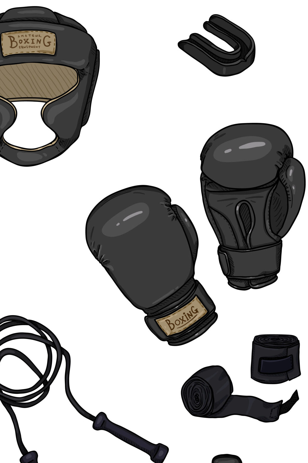 Vector Set of Cartoon Black Boxing Equipment. Helmet, Uniform, Gloves, Hand Wrapes, Mouthpiece and Shoes